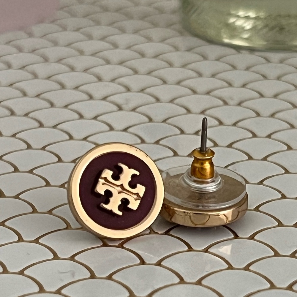 Tory Burch Gold and Maroon Stud Earrings
